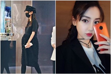 Angelababy挺孕肚逛街 四肢纤细一身黑
