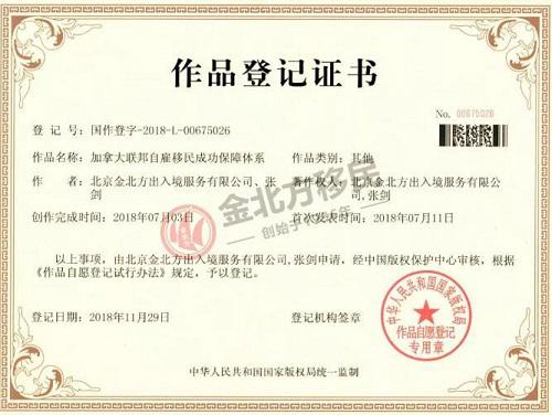金北方移民联邦自雇移民独家国家着作权凭证